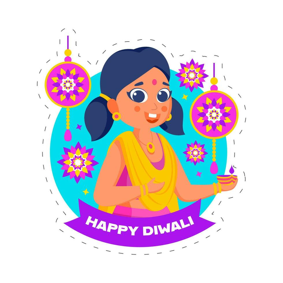 gelukkig diwali concept met tekenfilm meisje Holding lit olie lamp, mandala ornament Aan blauw en wit achtergrond. vector