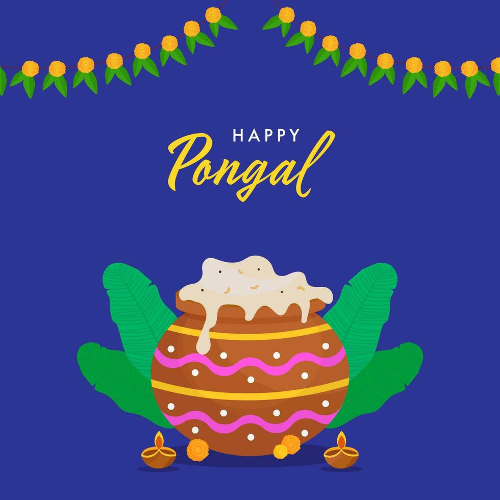 gelukkig pongal viering concept met pongali rijst- in modder pot, lit olie lampen, banaan bladeren en bloemen slinger Aan blauw achtergrond. vector