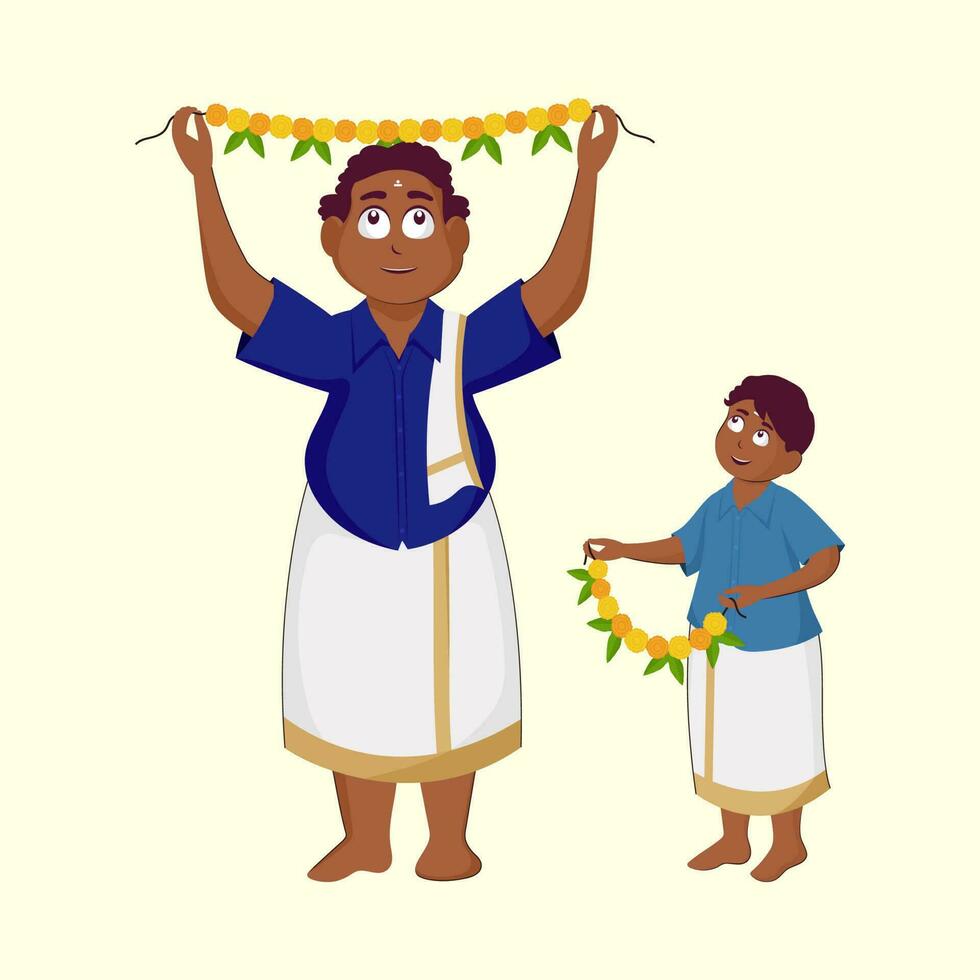 zuiden Indisch Mens met zijn zoon Holding bloemen slinger voor decoratie Aan pastel geel achtergrond. vector