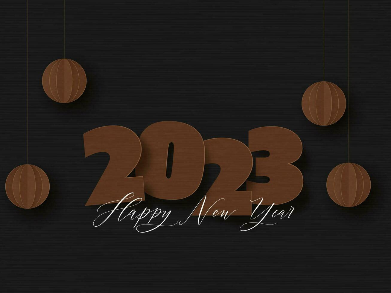 bruin papier besnoeiing 2023 aantal met kerstballen versierd Aan zwart streep achtergrond voor gelukkig nieuw jaar concept. vector