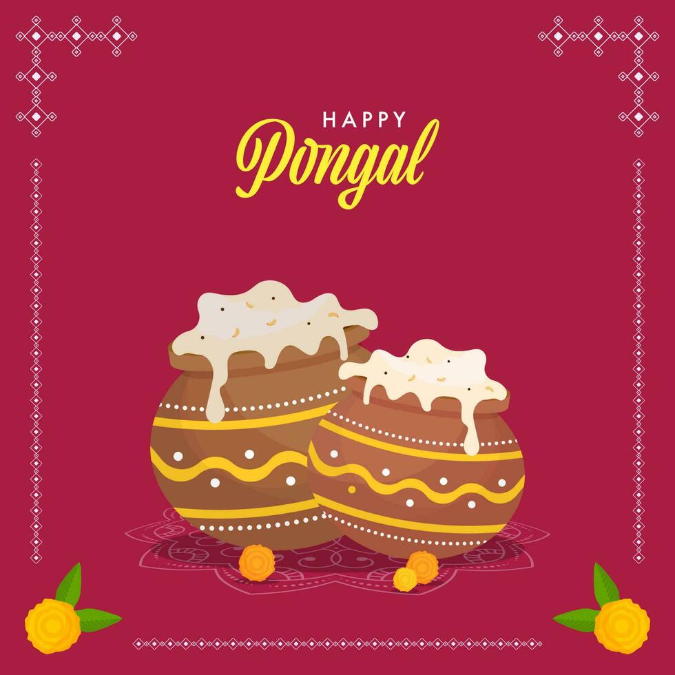 gelukkig pongal viering concept met pongali rijst- in modder potten en goudsbloem bloemen Aan donker roze achtergrond. vector