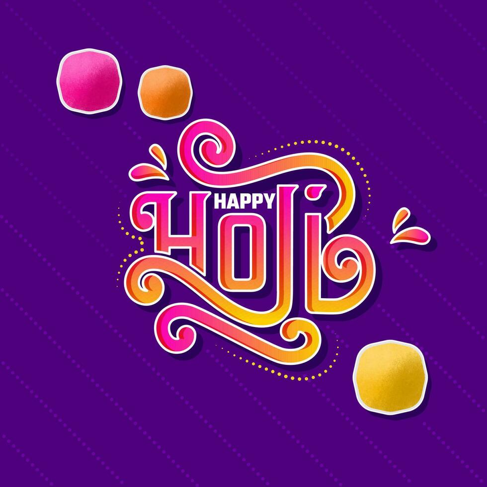 sticker helling gelukkig holi doopvont met top visie borden vol van droog kleur Aan Purper diagonaal stippel lijnen achtergrond. vector