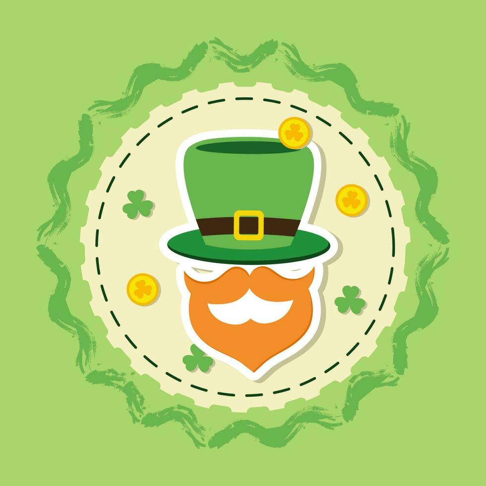 sticker stijl elf van Ierse folklore Mens gezicht met Klaver gouden munten Aan geel en groen achtergrond voor st Patrick dag concept. vector