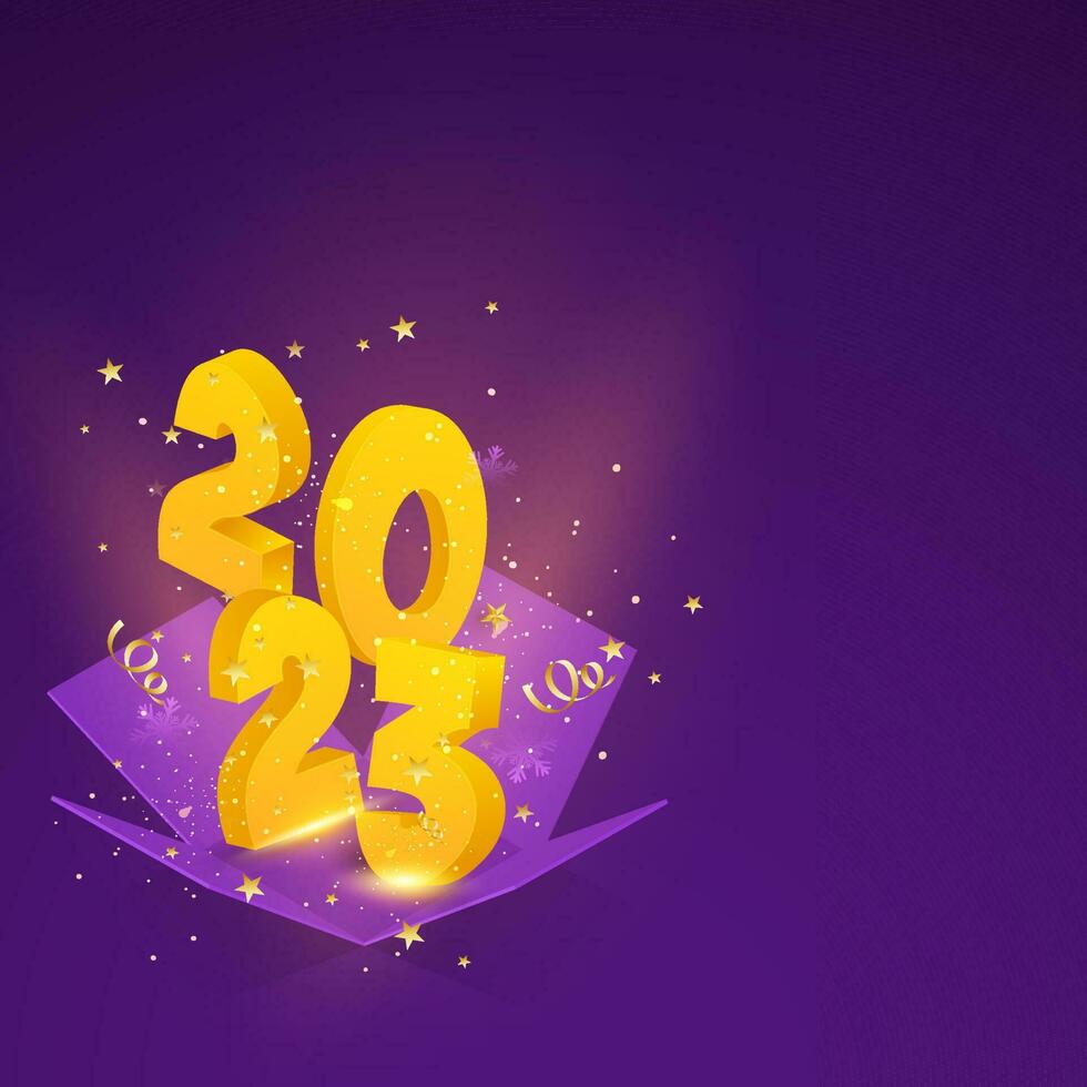 3d Open verrassing doos met 2023 nummer, confetti, sterren tegen Purper achtergrond. vector