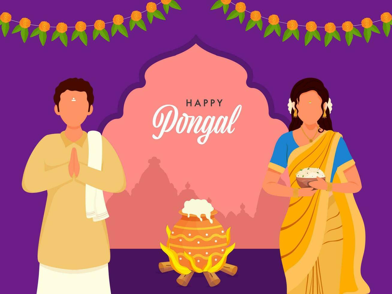 gelukkig pongal viering concept met gezichtsloos zuiden Indisch paar karakter, rijst- Koken klei pot over- brandhout Aan perzik en Purper achtergrond. vector