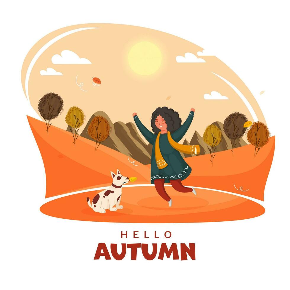 vallen seizoen zonlicht achtergrond met vrolijk jong meisje en hond illustratie voor Hallo herfst concept. vector