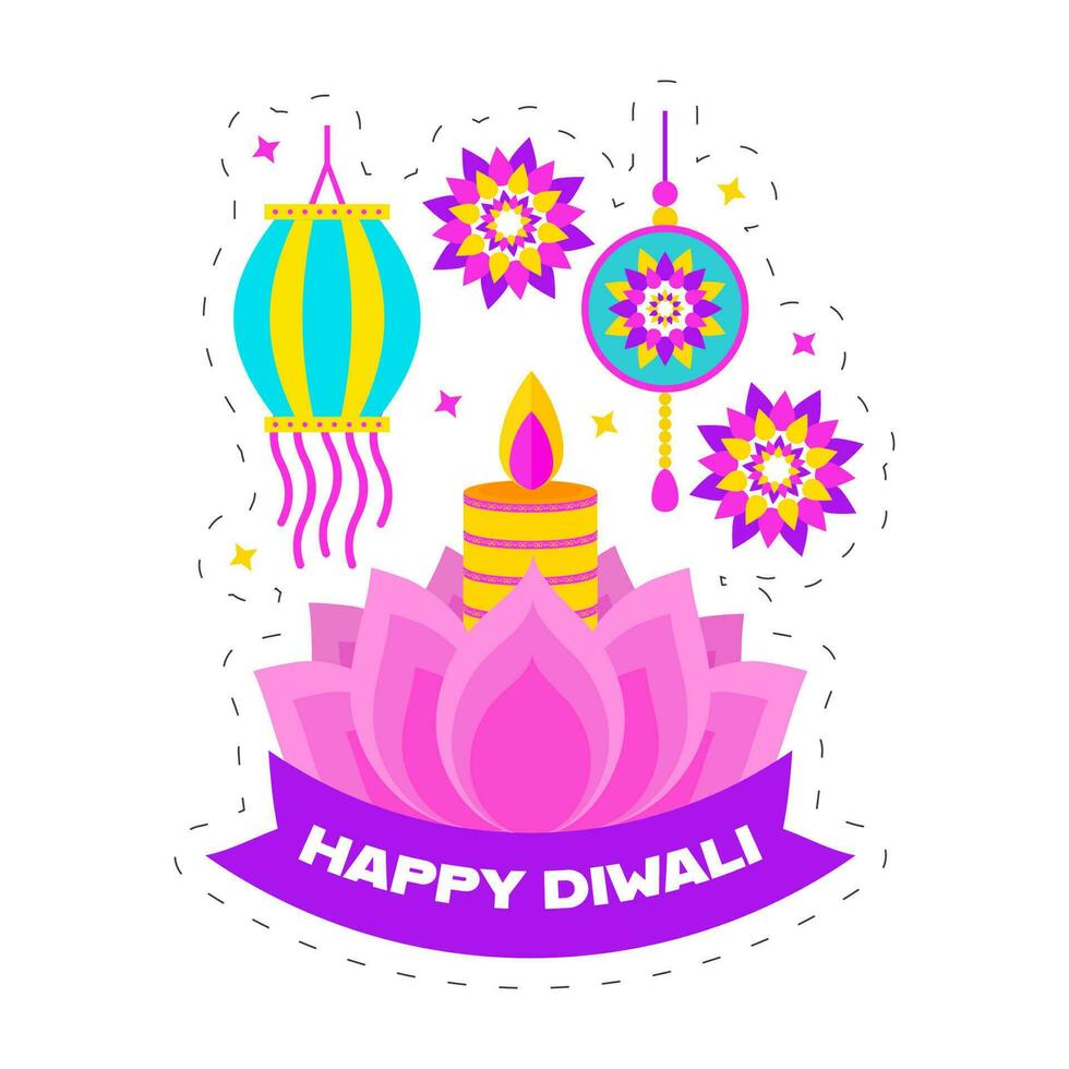 gelukkig diwali concept met lotus bloem, lit kaars, lantaarn hangen en mandala ornament Aan wit achtergrond. vector