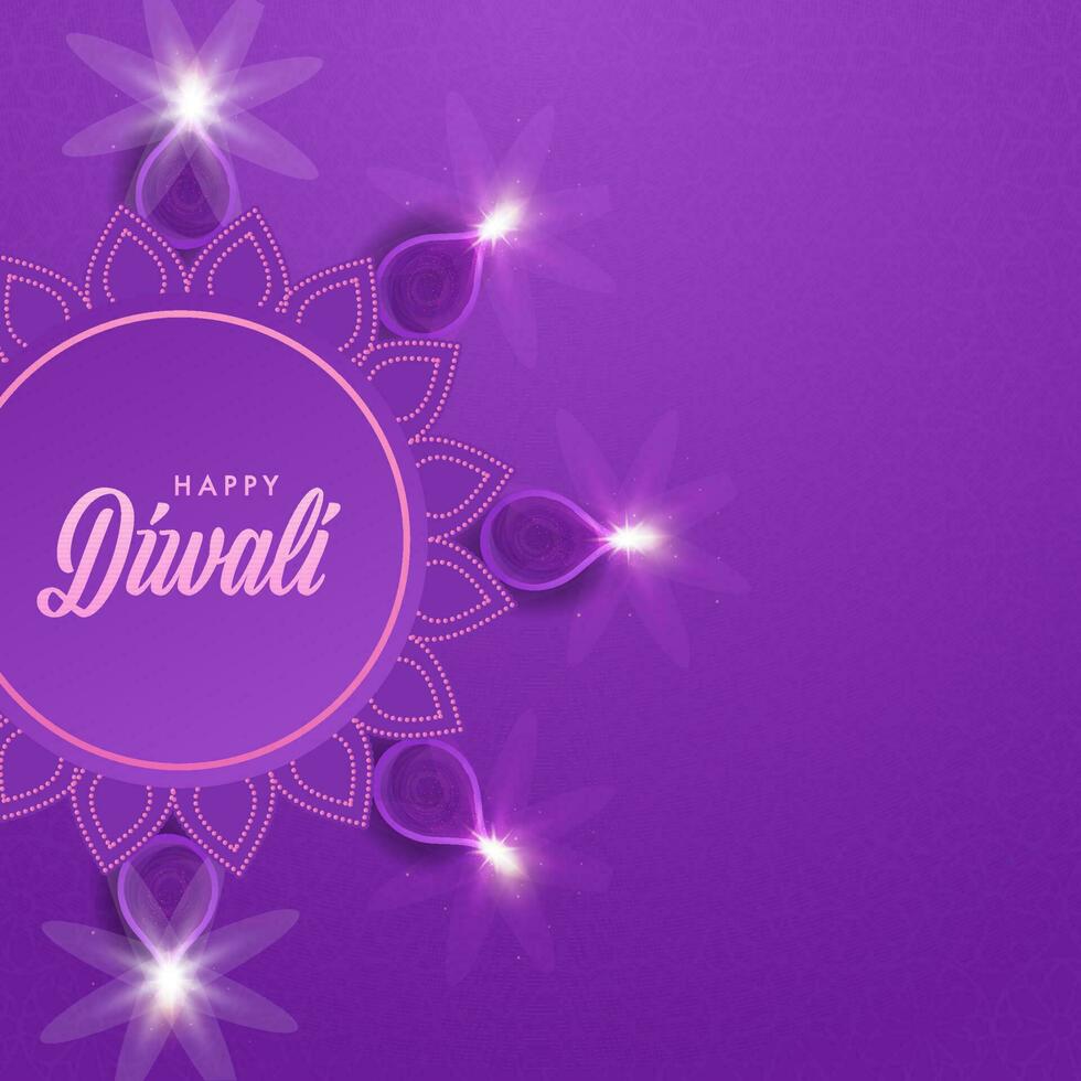 gelukkig diwali belettering over- mandala kader met top visie van verlichte olie lampen Aan Purper achtergrond. vector