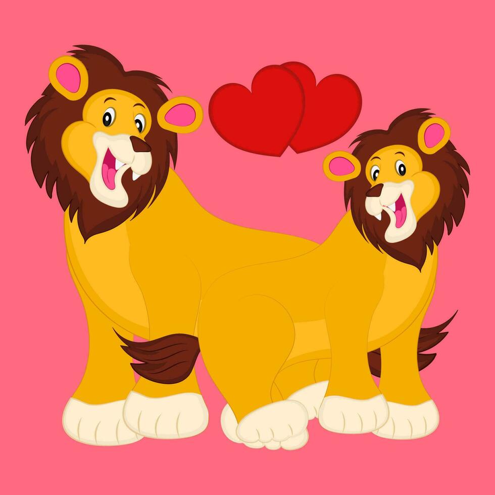 schattig leeuw paar en rood harten. liefde of valentijnsdag dag concept. vector