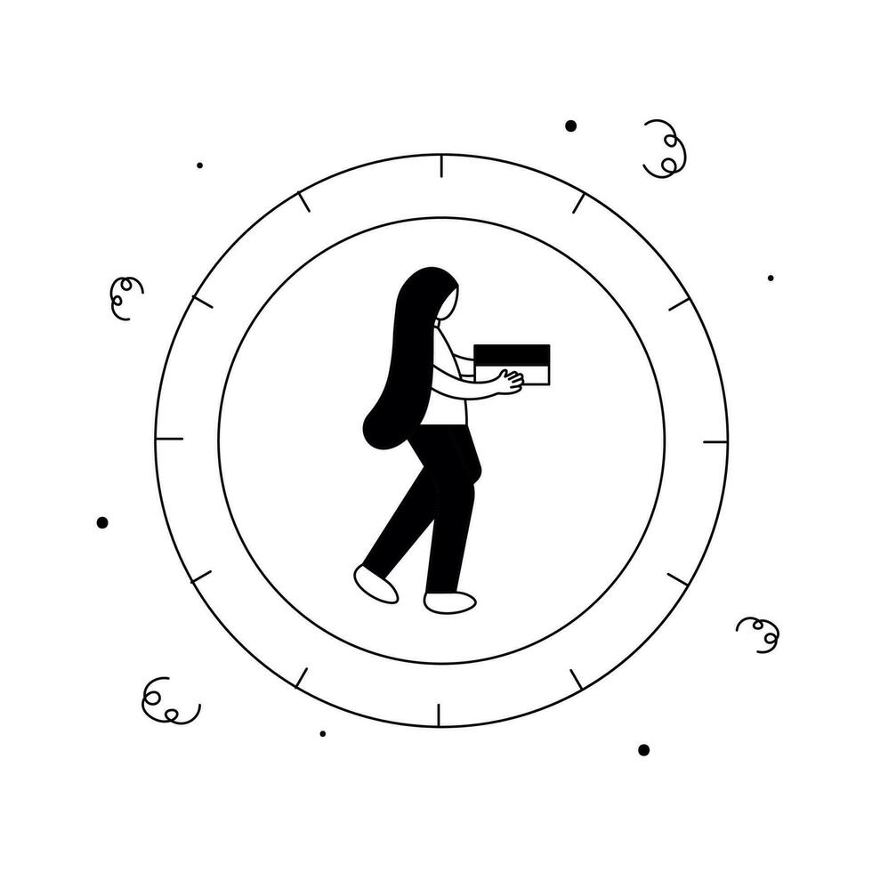 lijn kunst illustratie van een vrouw met levering doos met klok. bedrijf concept. vector
