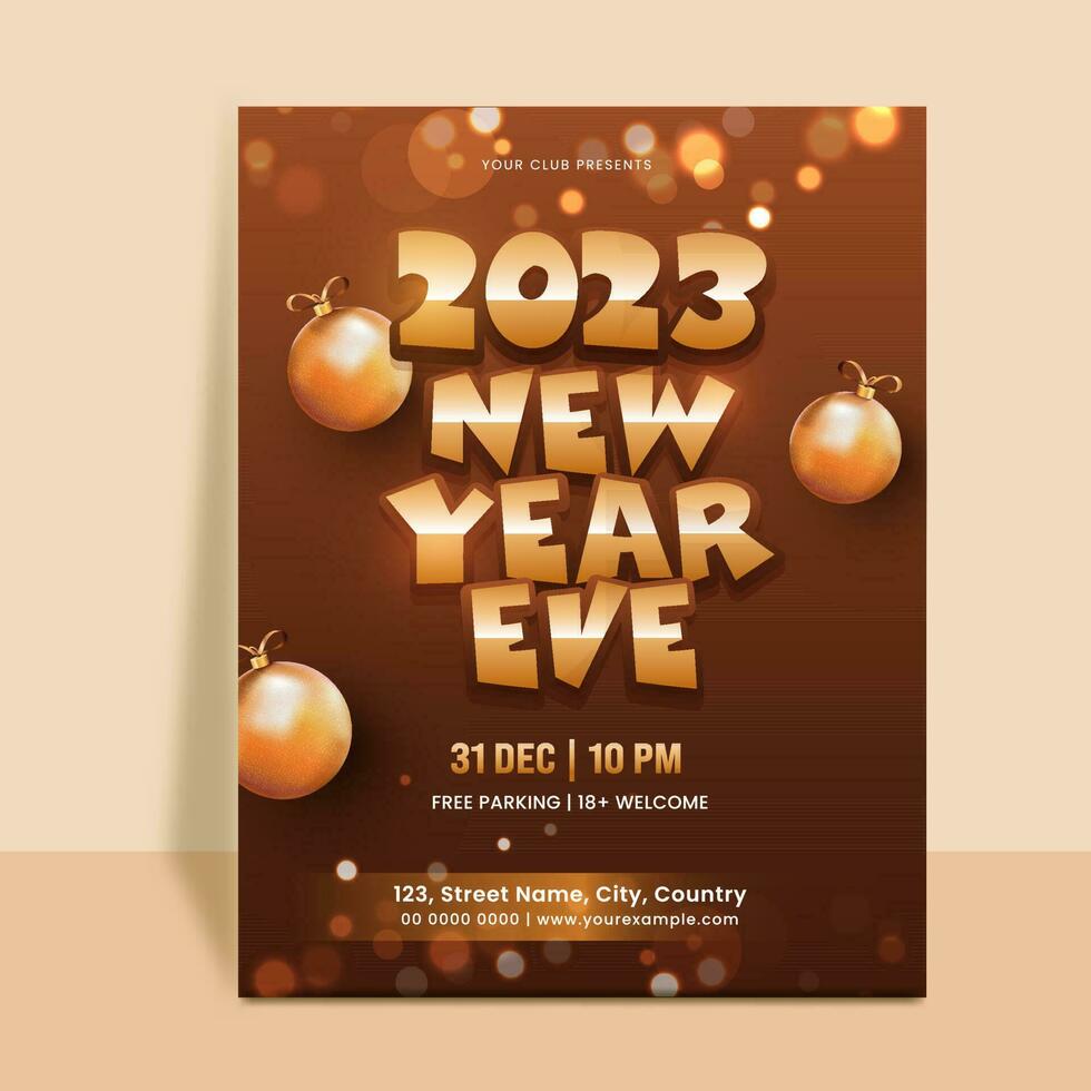 2023 nieuw jaar vooravond folder ontwerp met realistisch kerstballen en evenement details Aan bruin bokeh achtergrond. vector