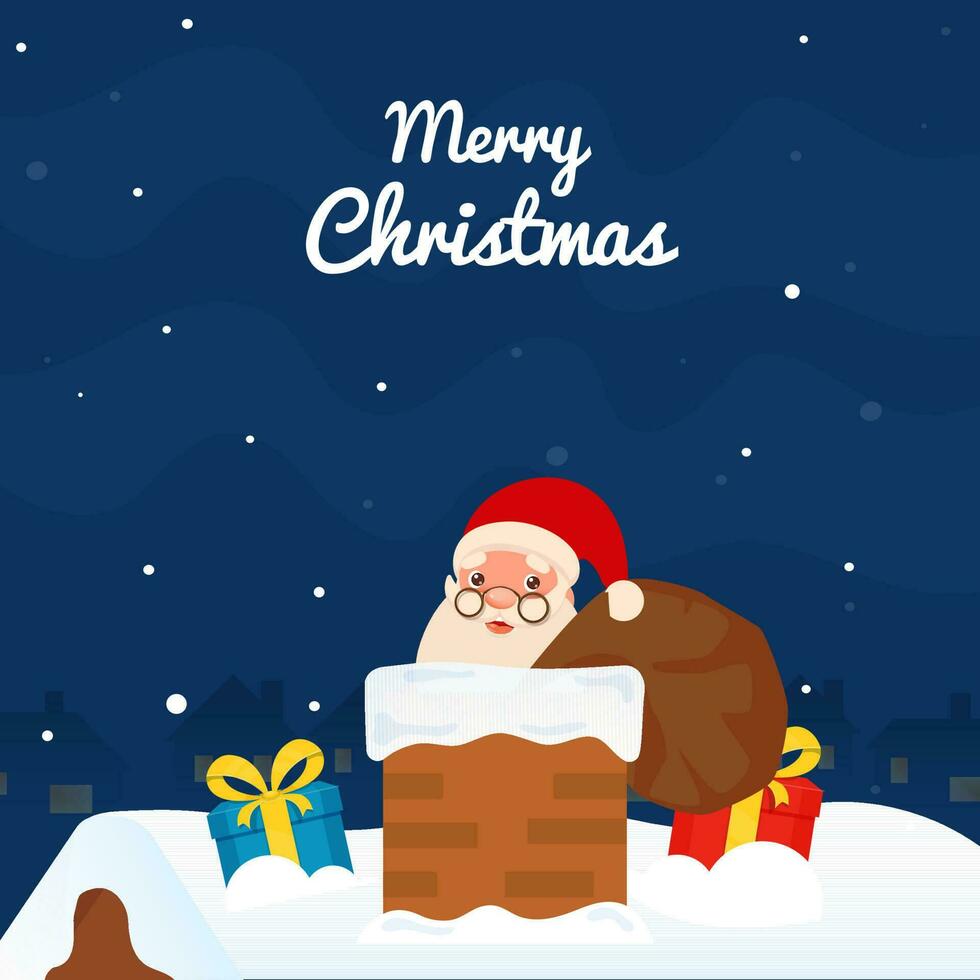 vrolijk Kerstmis viering poster ontwerp met de kerstman claus Holding zwaar zak binnen schoorsteen, geschenk dozen Aan sneeuw vallend blauw achtergrond. vector