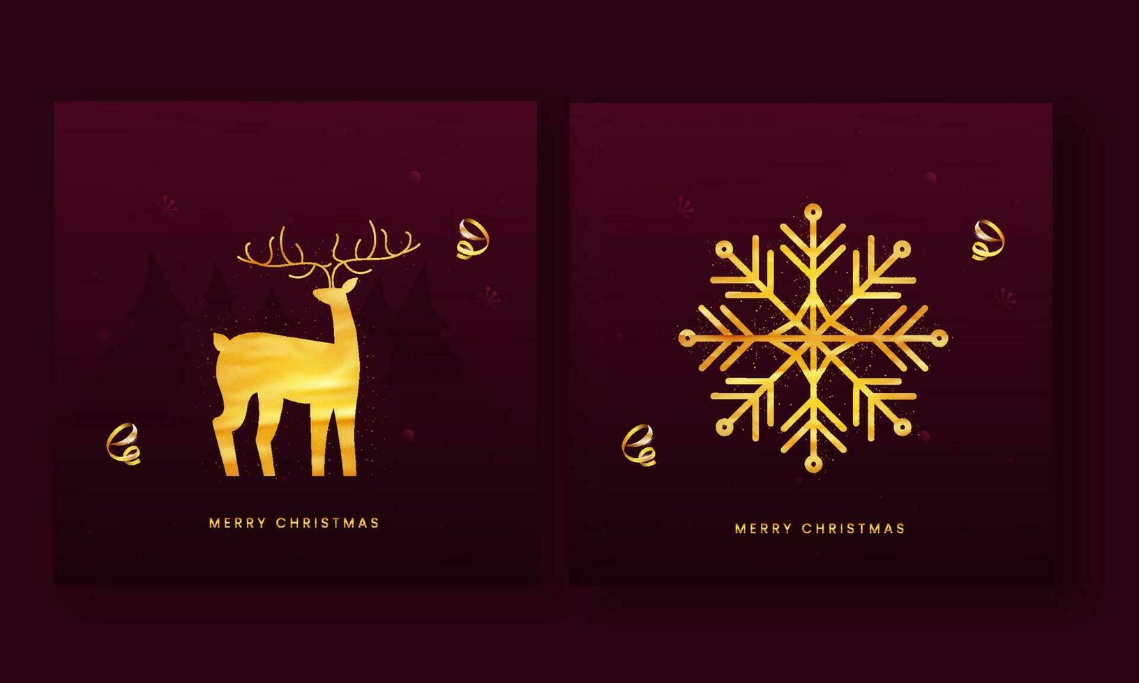 vrolijk Kerstmis groet kaart of poster ontwerp met gouden rendier, sneeuwvlok, krullen lint en Kerstmis bomen Aan donker roze achtergrond. vector