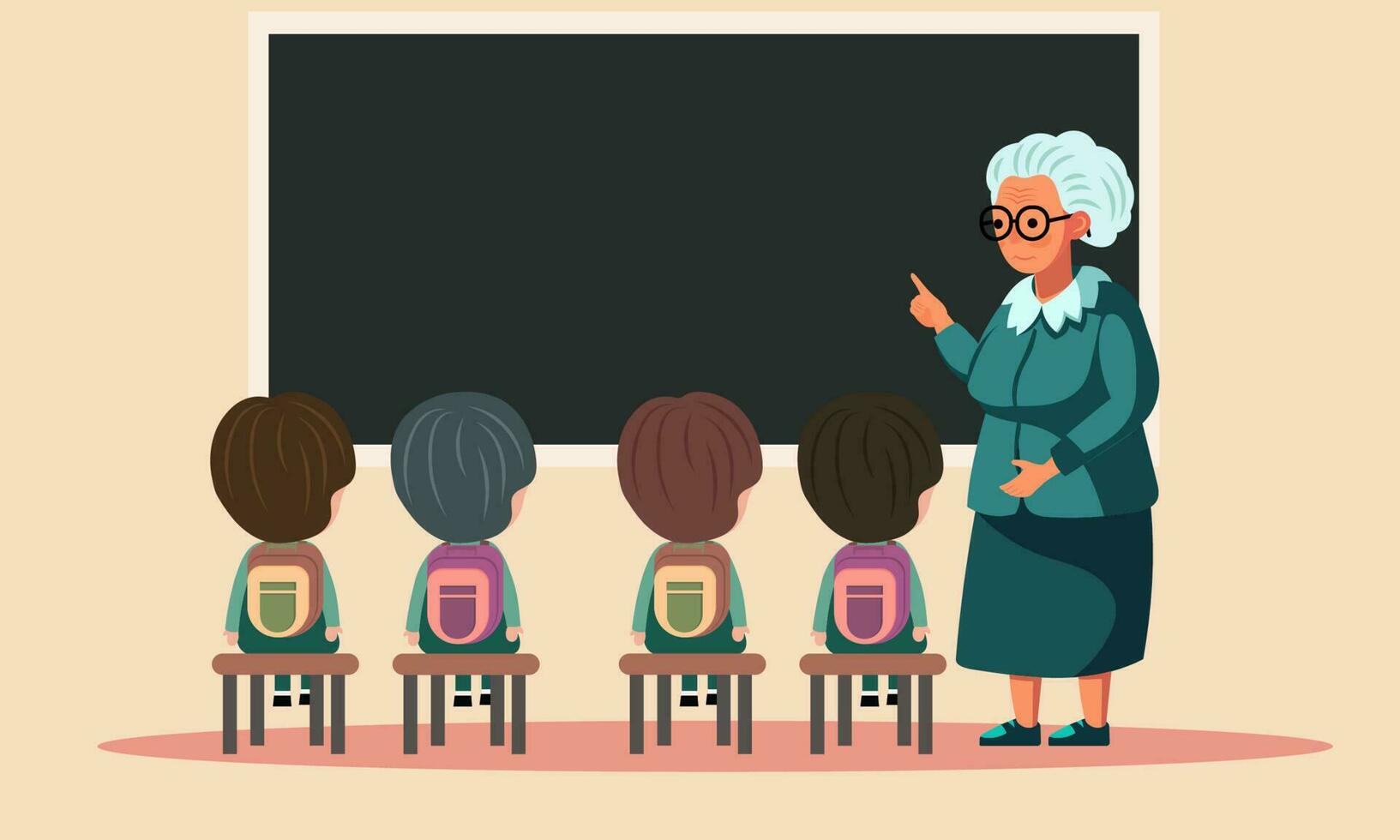 ouderen vrouw leraar karakter geven instructies naar haar studenten in voorkant van leeg schoolbord in klas. gelukkig leraren dag concept. vector