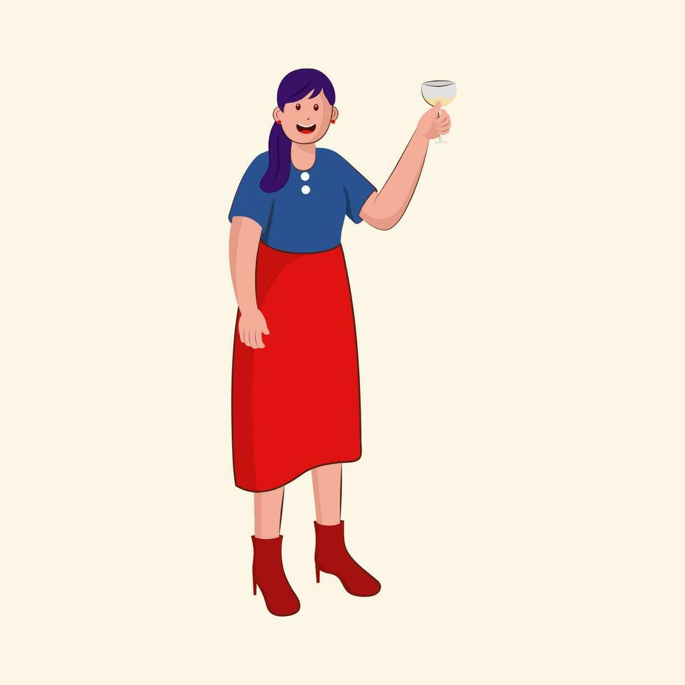 vrolijk tiener- meisje Holding wijn glas Aan kosmisch latte achtergrond. vector