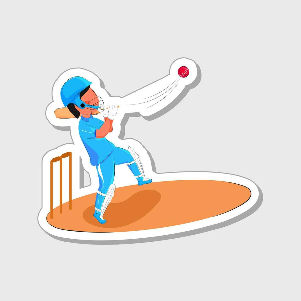illustratie van illustratie van bal raken mannetje beslag speler Aan grijs en oranje achtergrond in sticker stijl. vector