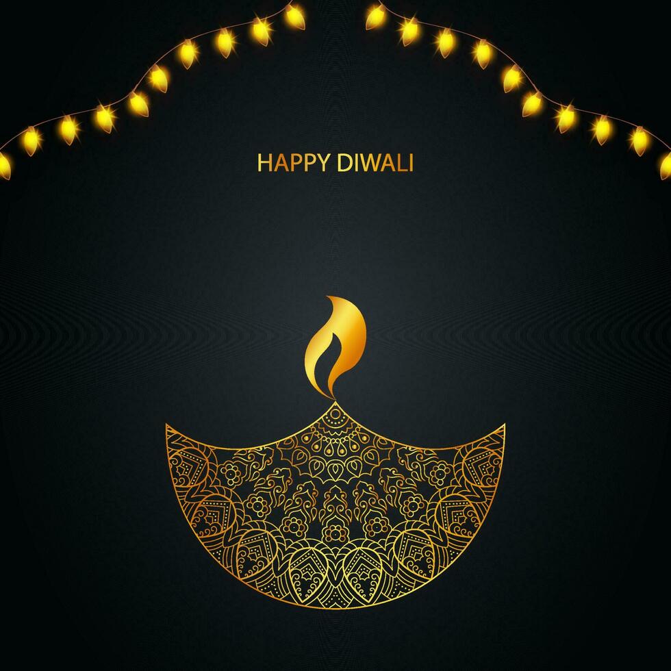 gouden gelukkig diwali doopvont met lit olie lamp ornament en verlichting slinger Aan zwart achtergrond. vector