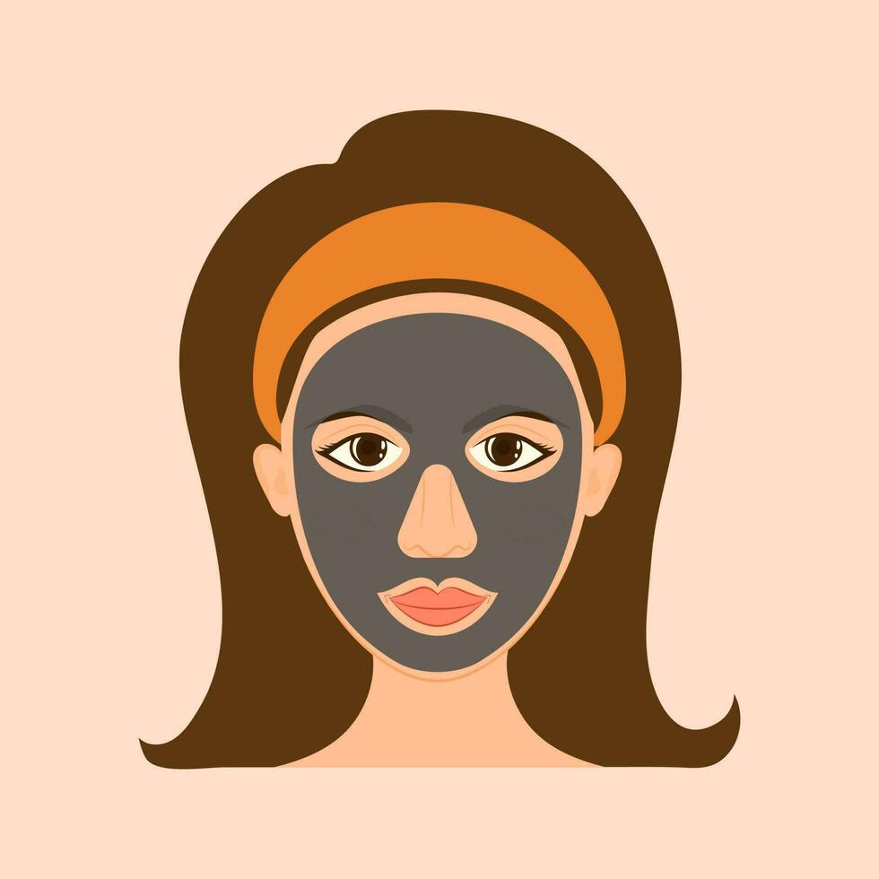 jong vrouw van toepassing zijn houtskool gezicht pak Aan haar gezicht icoon tegen perzik achtergrond. vector