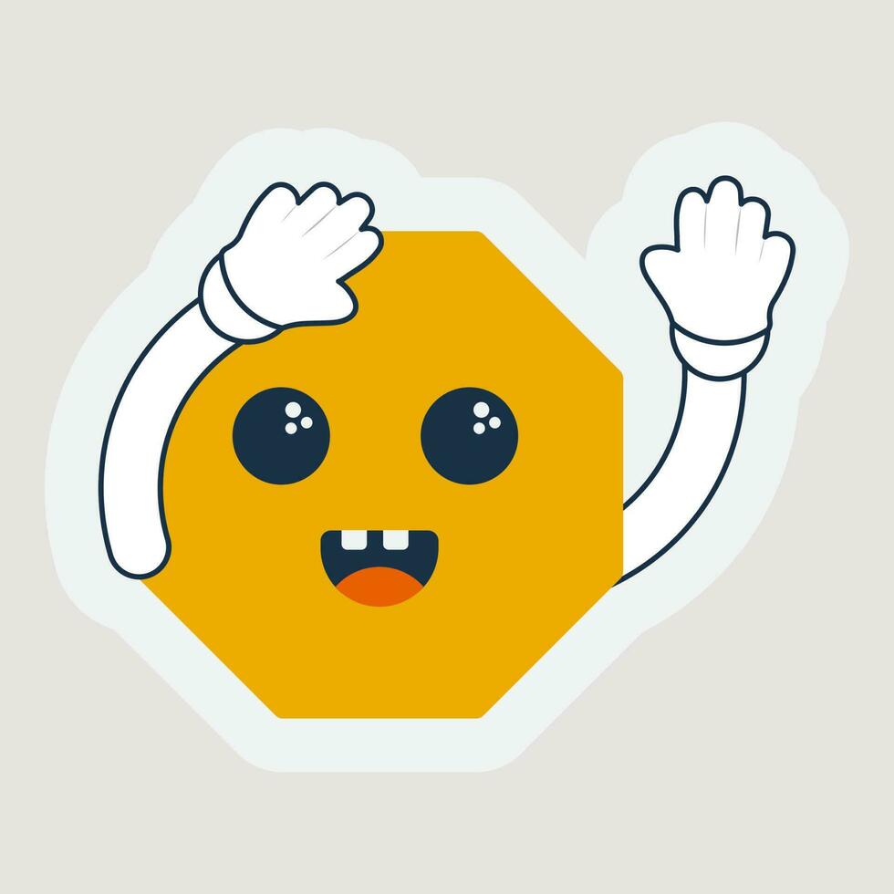 vrolijk geel nonagon meetkundig vorm tekenfilm met hand- omhoog in sticker stijl. vector
