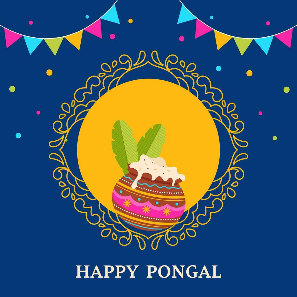 gelukkig pongal viering groet kaart met traditioneel schotel in klei pot, banaan bladeren, vlaggedoek vlaggen versierd Aan oranje en blauw achtergrond. vector