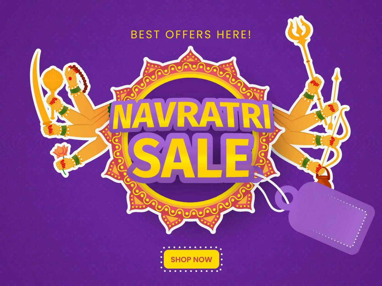 navratri festival uitverkoop poster ontwerp met sticker stijl mandala kader en godin durga acht handen Aan Purper achtergrond. vector