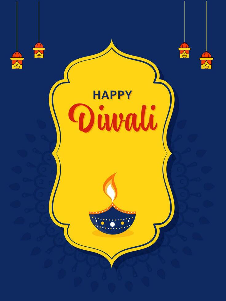 gelukkig diwali viering groet kaart met brandend olie lamp, hangende lampen Aan geel en blauw mandala patroon achtergrond. vector
