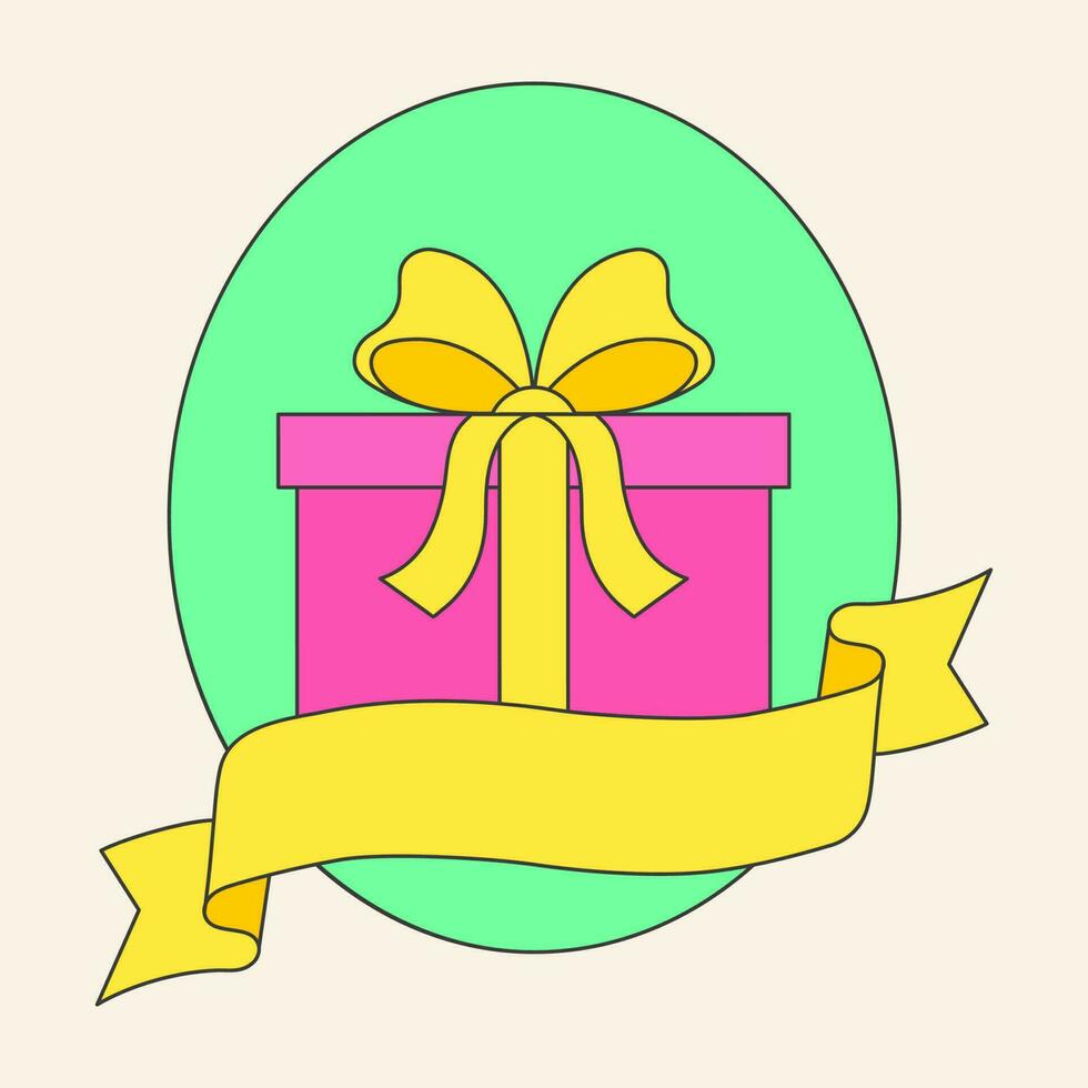 geel blanco gekruld lint met geschenk doos tegen groen ovaal achtergrond. vector