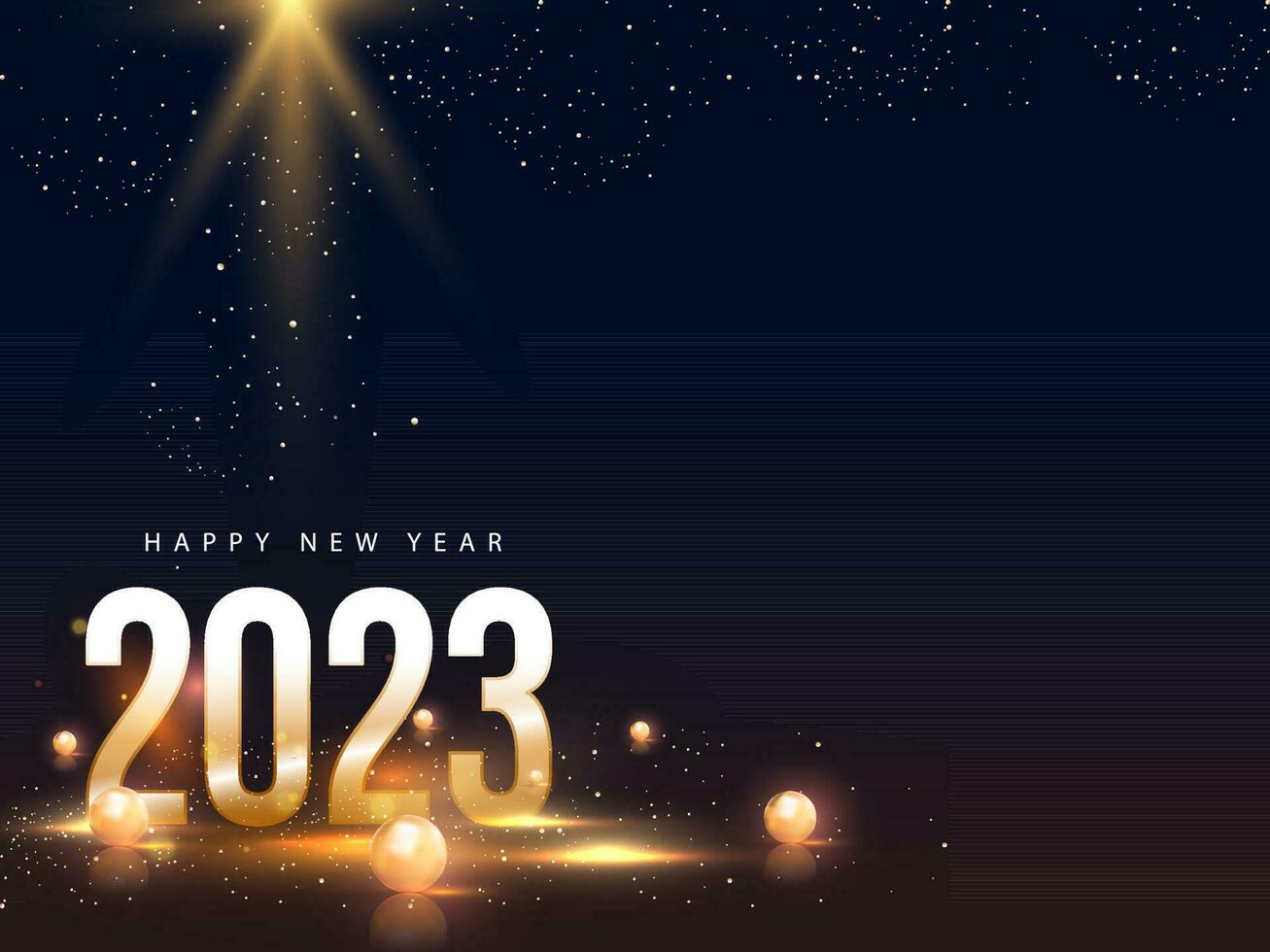 gouden 2023 aantal met 3d ballen of kralen, verlichting effect Aan blauw en bruin achtergrond voor gelukkig nieuw jaar concept. vector