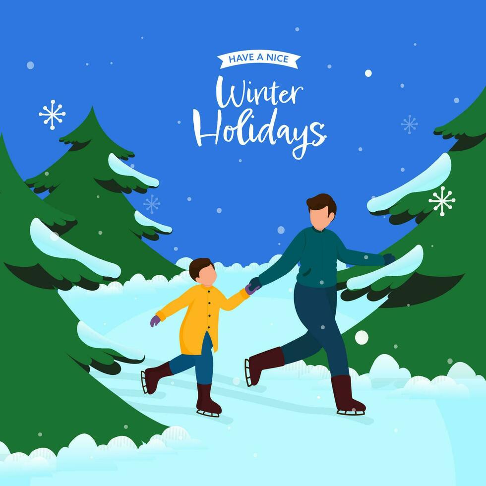 winter vakantie poster ontwerp met gezichtsloos jong Mens en zijn zoon ijs het schaatsen samen Aan blauw en cyaan sneeuwval natuur achtergrond. vector