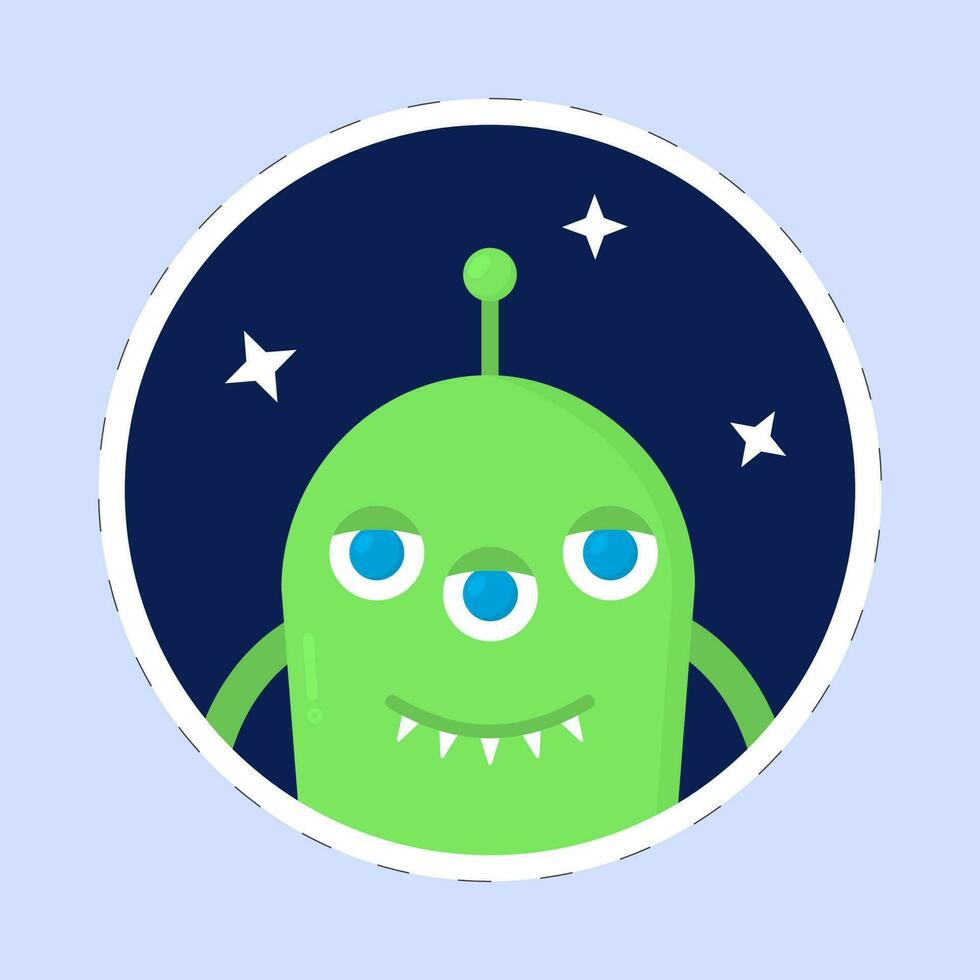 illustratie van drie ogen buitenaards wezen met sterren blauw achtergrond in sticker stijl. vector