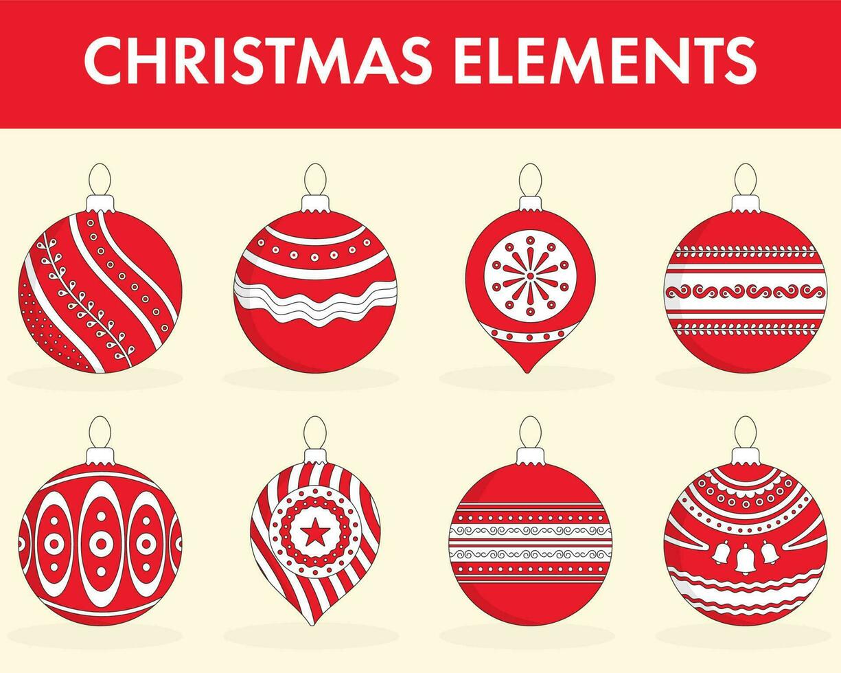 rood en wit verschillend bloemen Kerstmis ballen element reeks Aan geel achtergrond. vector