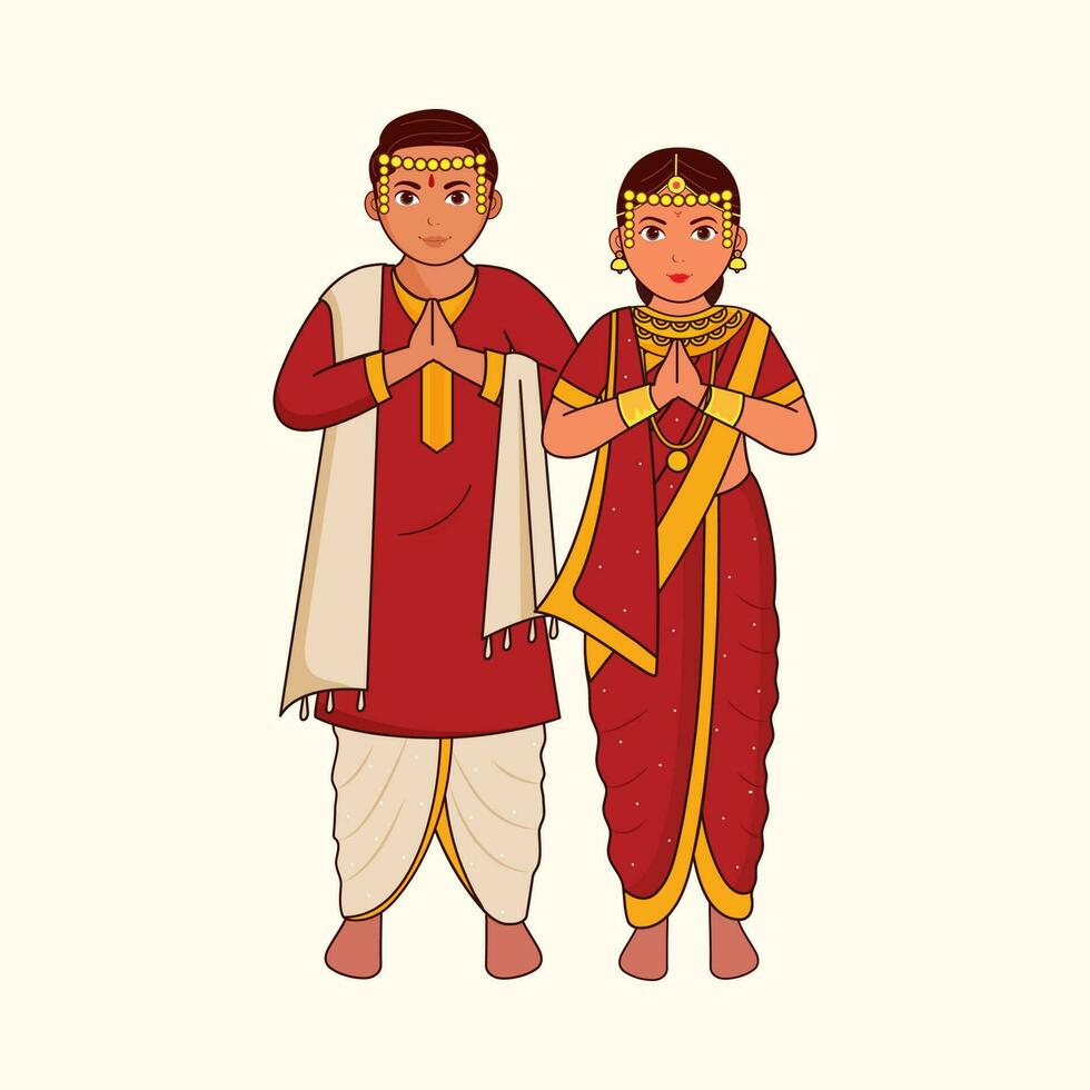 Maharashtrian jong paar vervelend bruiloft jurk in namaste houding tegen kosmisch latte achtergrond. vector
