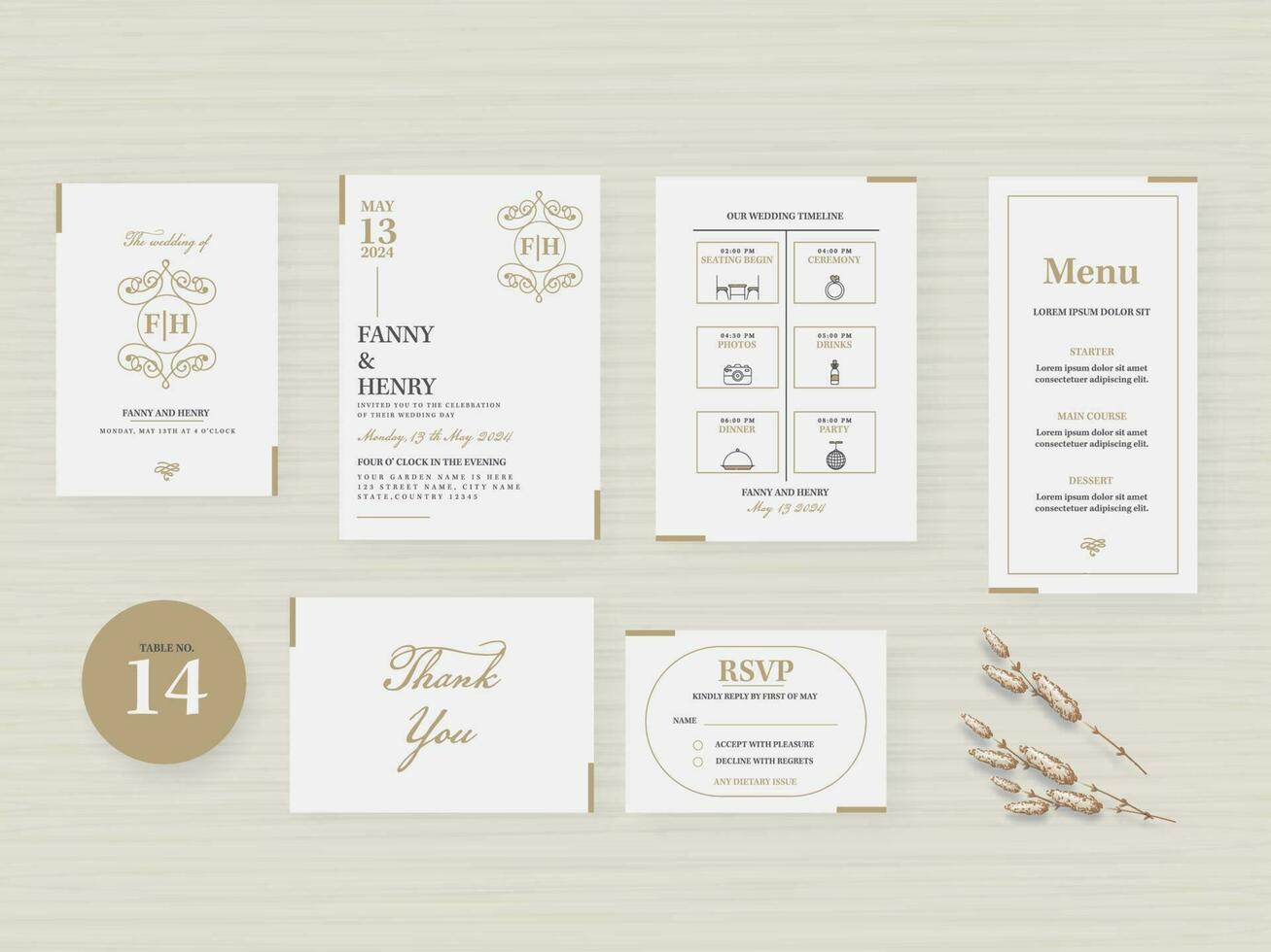 bewerkbare bruiloft uitnodiging suite in wit kleur voor publiceren. vector