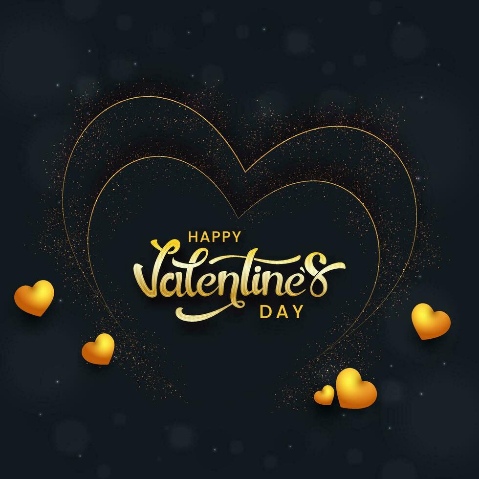 gouden gelukkig Valentijnsdag dag doopvont met glanzend hart ballonnen Aan lichten effect zwart achtergrond. vector