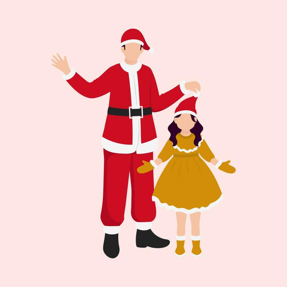gezichtsloos jong Mens vervelend de kerstman kostuum met zijn dochter staand samen Aan roze achtergrond. vector