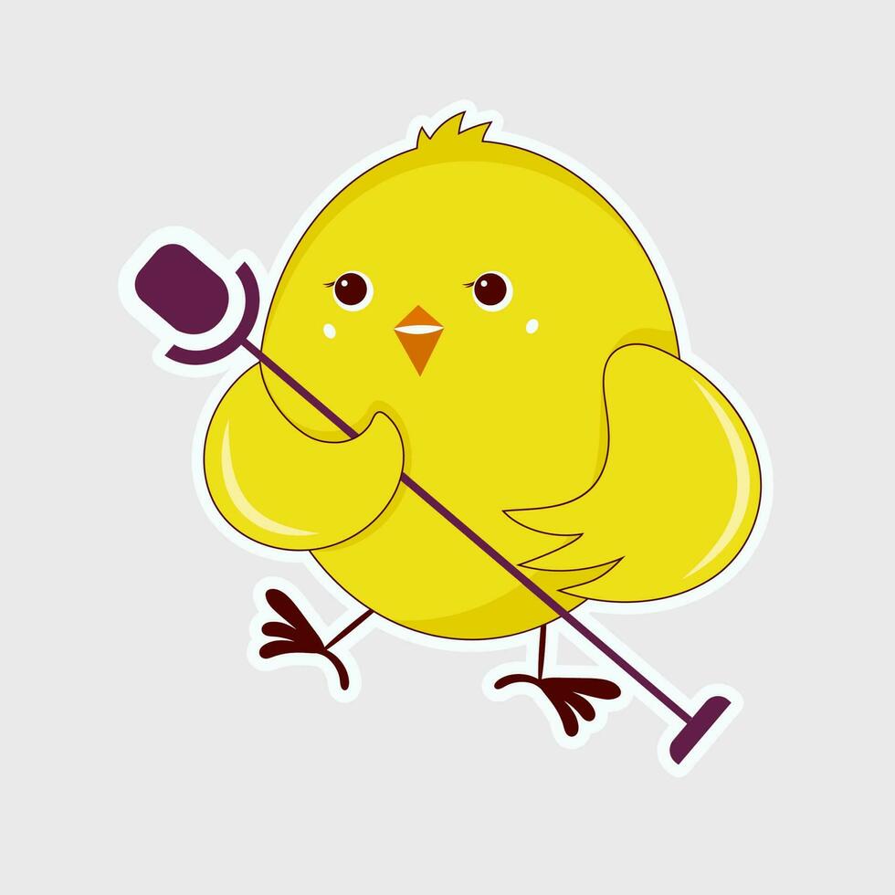 sticker stijl grappig vogel tekenfilm Holding microfoon over- grijs achtergrond. vector