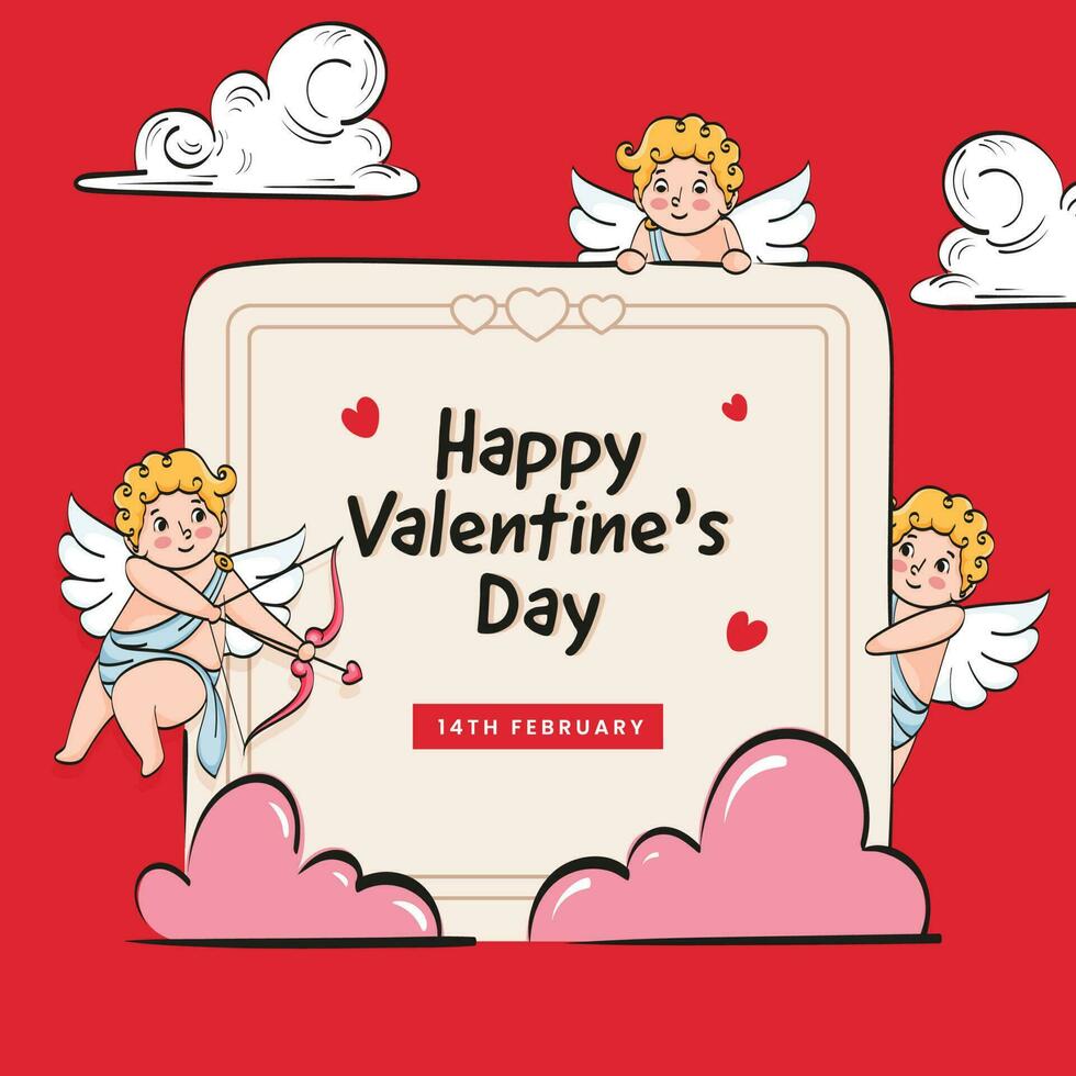 gelukkig Valentijnsdag dag groet kaart met Cupido karakters, harten en wolken versierd Aan rood achtergrond. vector