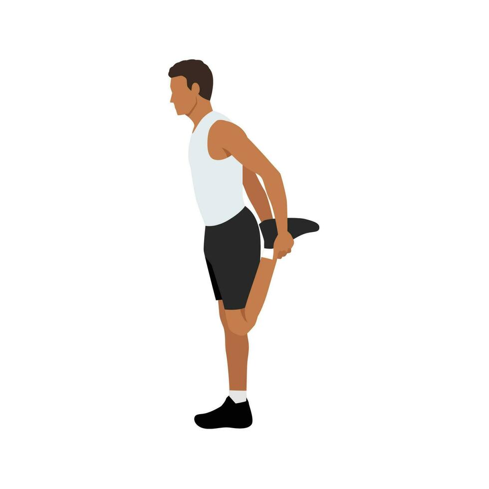Mens aan het doen quadriceps rekken, koel naar beneden oefening. balans houding, flexibiliteit verbetering. vlak vector