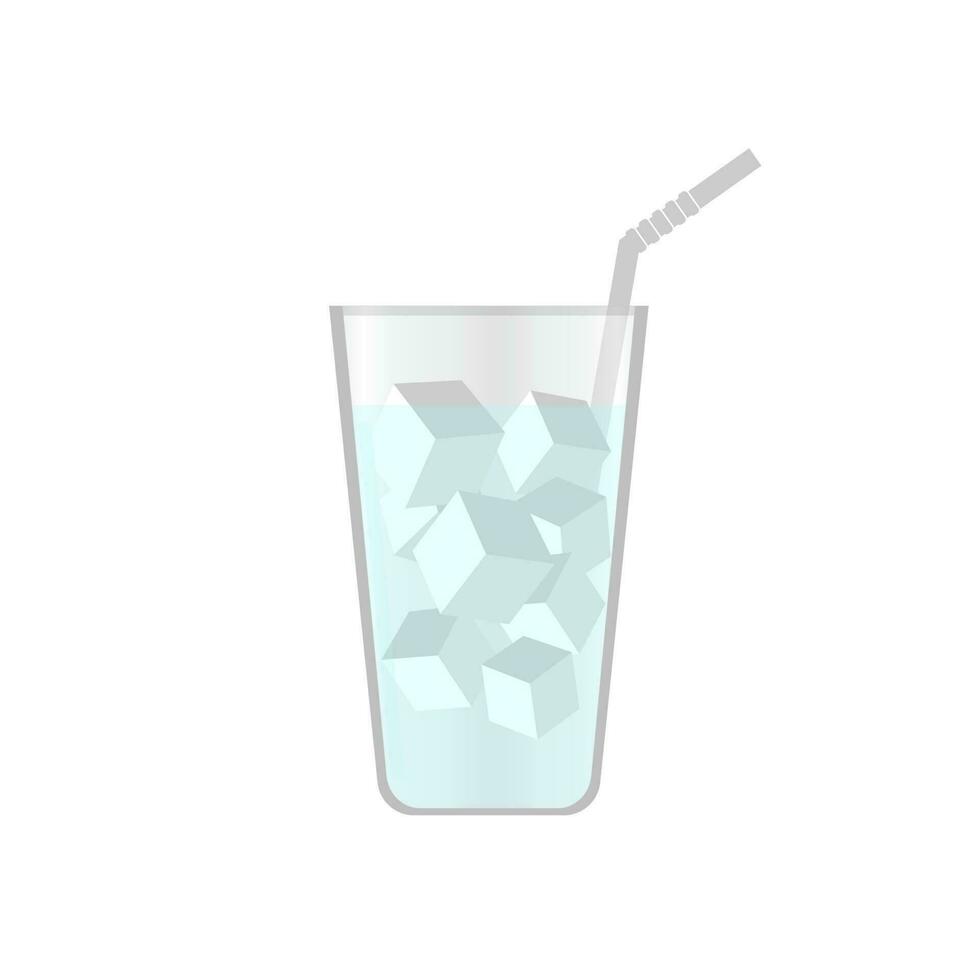 water in een glas met ijs kubussen en een buigen rietje. vlak vector illustratie
