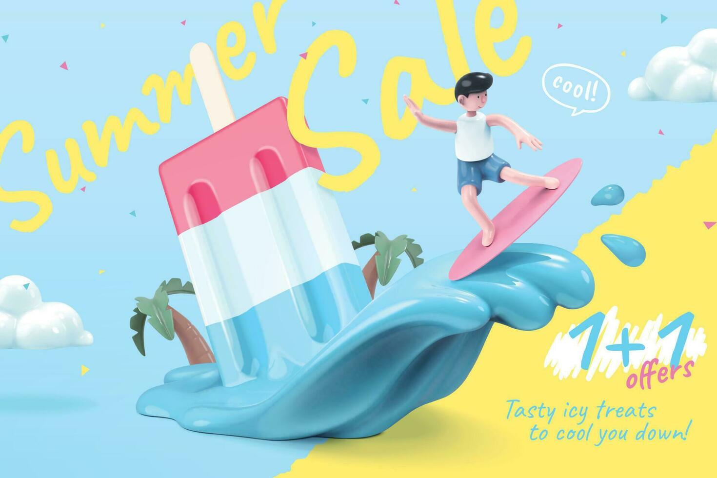 3d zomer uitverkoop Promotie banier met een surfing jongen en ijs lolly vector