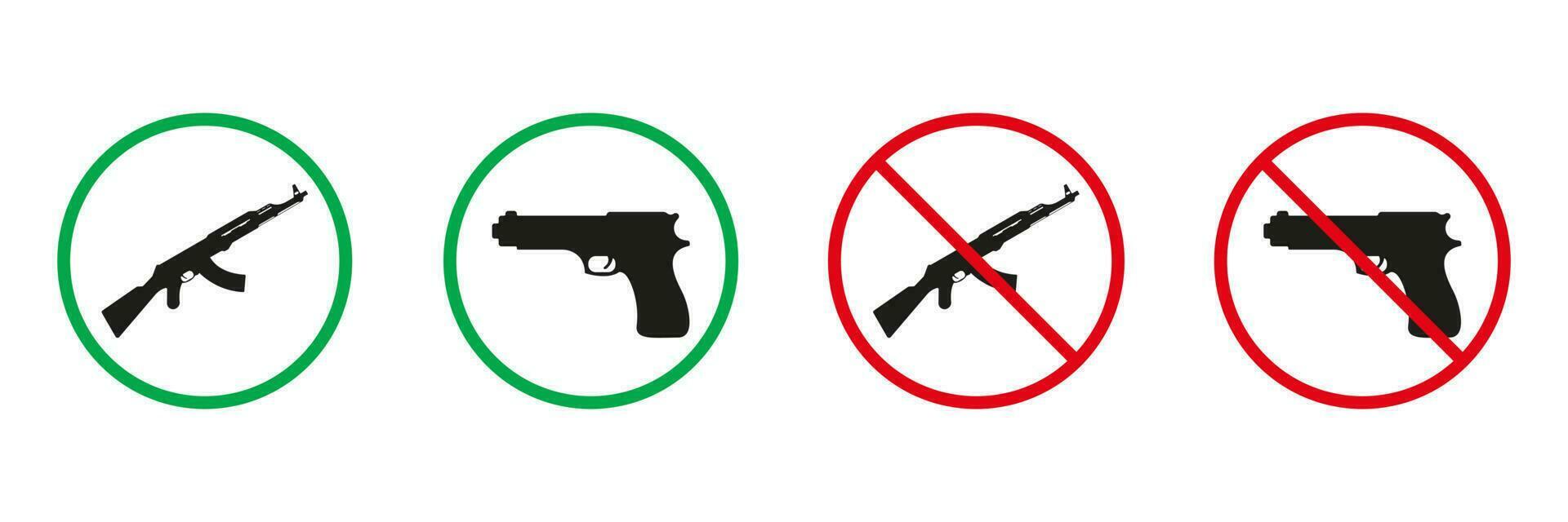 handgeweer rood en groen waarschuwing tekens. hand- geweer, vuurwapen, pistool silhouet pictogrammen set. toegestaan en verboden gebruik wapen pictogram. geïsoleerd vector illustratie.