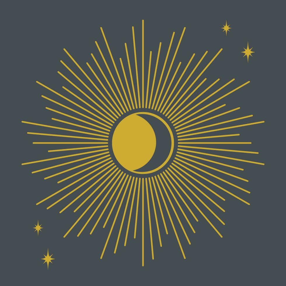 vector illustratie in wijnoogst mystiek stijl voor tarot kaart. astrologie, hemels boho ontwerp. gouden zon met sterren