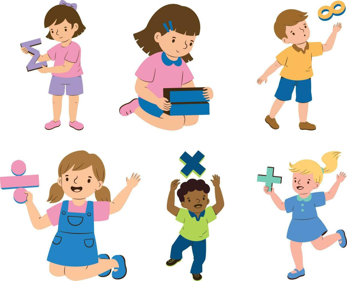 schattig weinig meisjes en jongens met verschillend school- benodigdheden. vector illustratie.