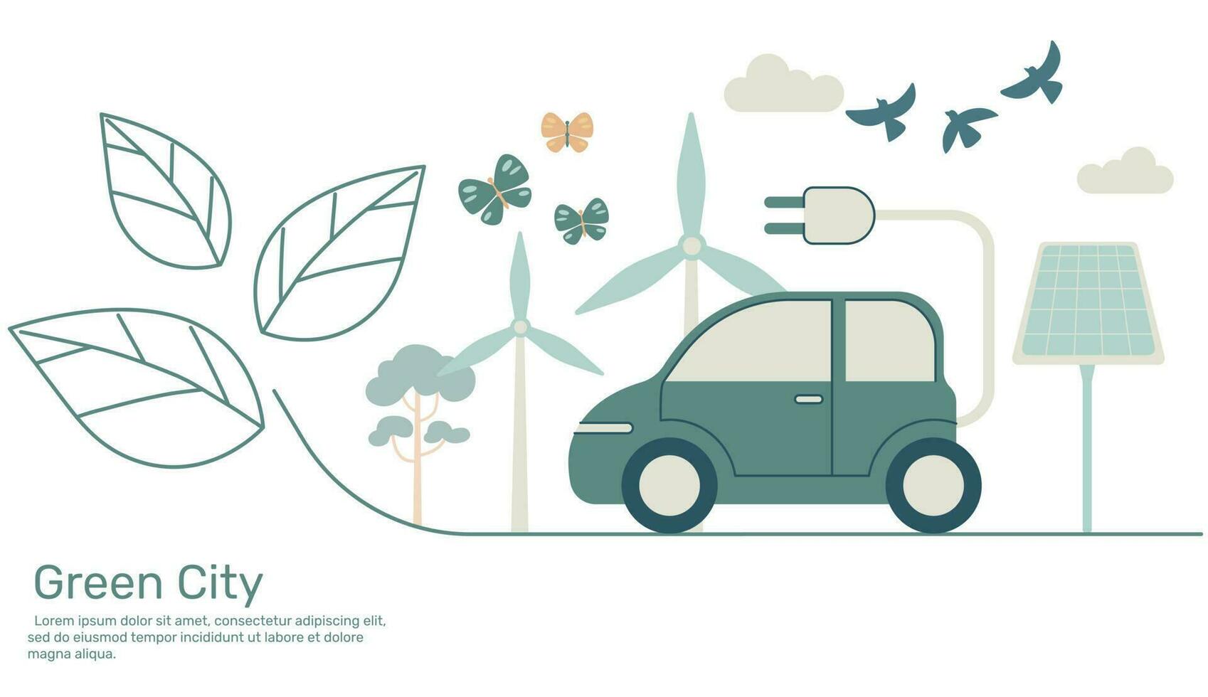 elektrisch auto Aan lijn blad groen stad met ecologie aarde natuur behoud. vector ontwerp illustratie.