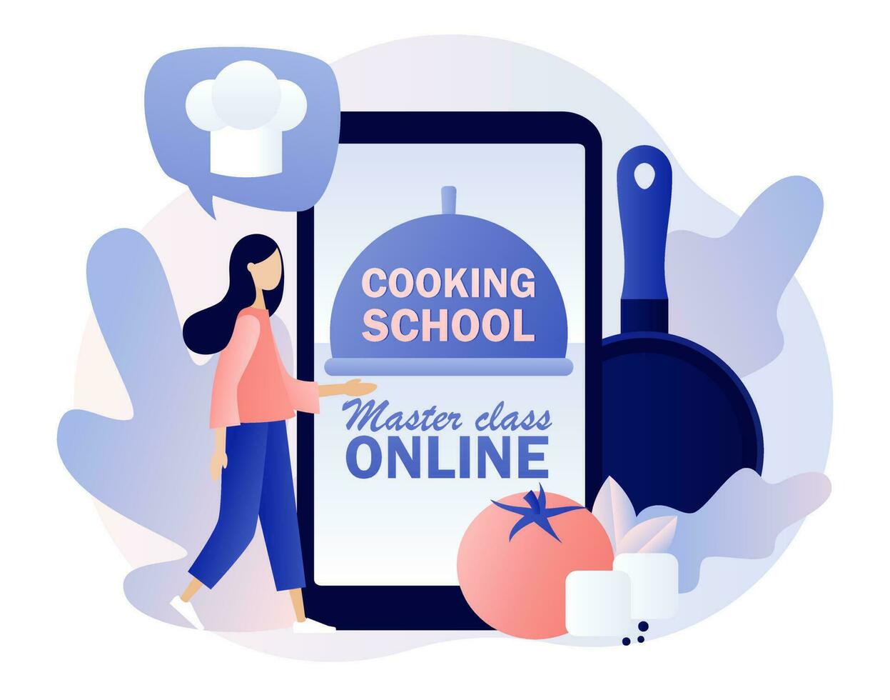 Koken school- tekst Aan smartphone scherm. klein vrouw met keuken gereedschap en voedingsmiddelen leert naar koken in culinaire online meester klas. modern vlak tekenfilm stijl. vector illustratie Aan wit achtergrond