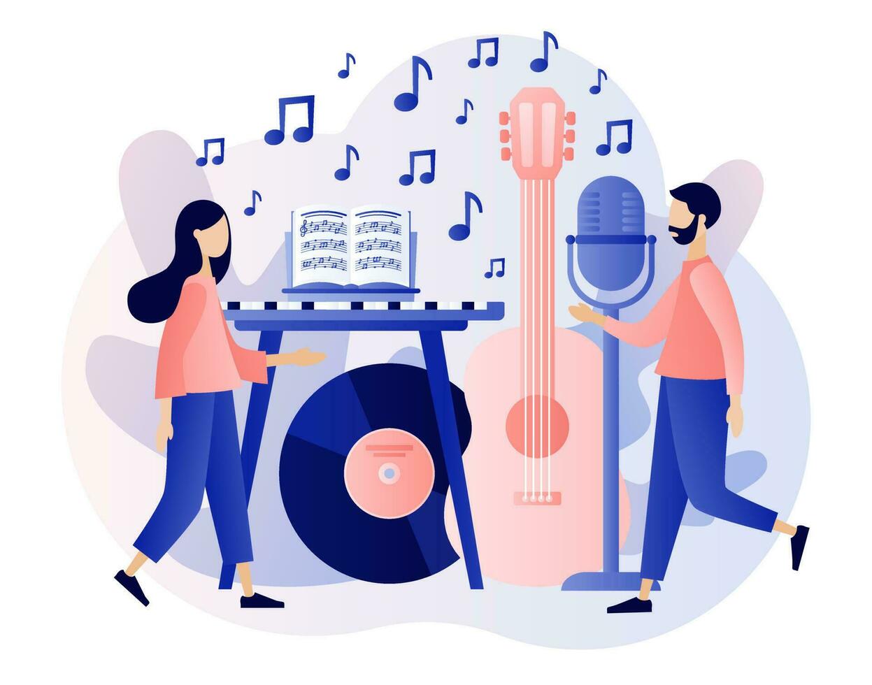 muziek- en vocale lessen. klein muzikanten met microfoon, gitaar, muziek- notitieboekje, toetsenbord. online onderwijs. modern vlak tekenfilm stijl. vector illustratie Aan wit achtergrond