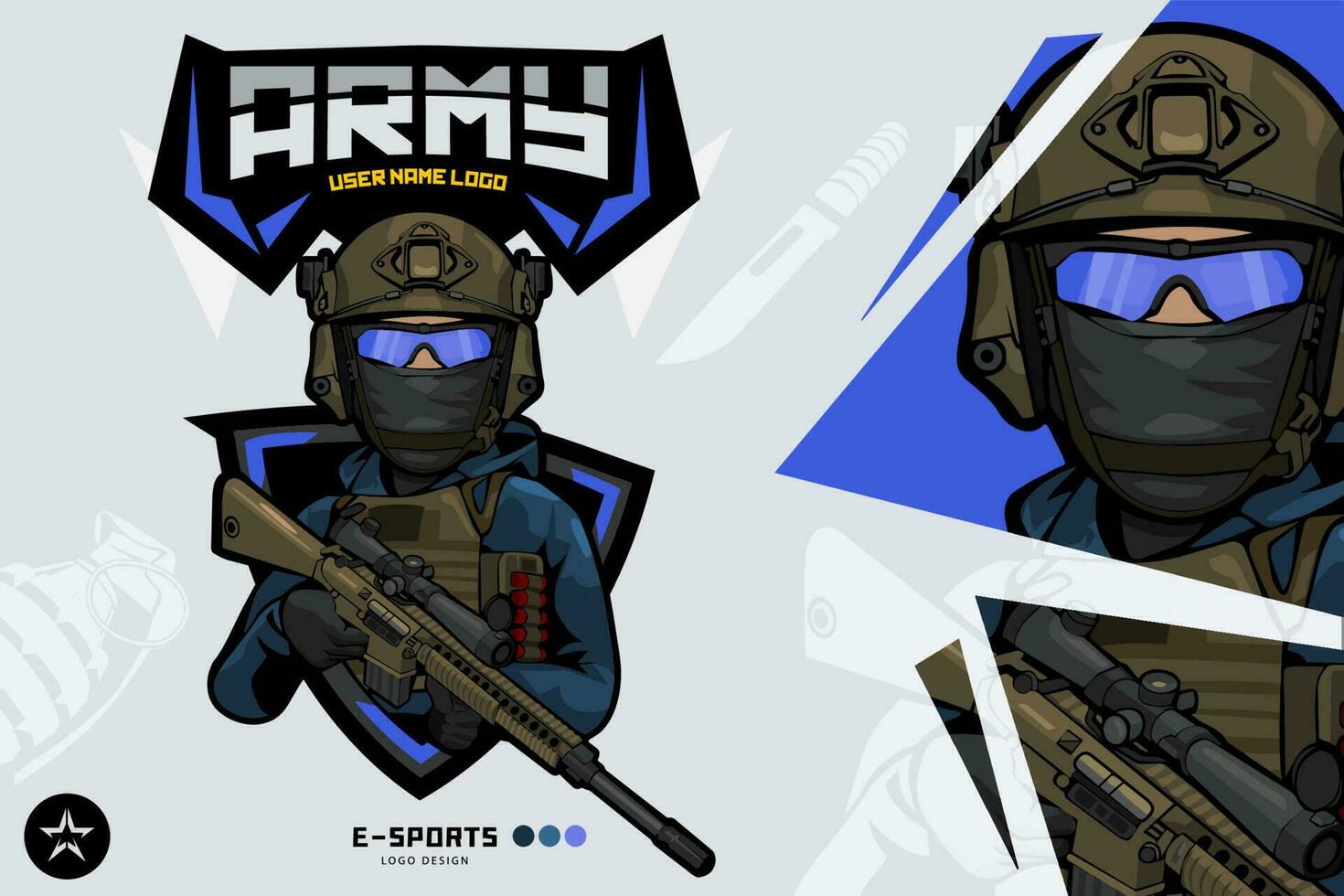 leger soldaat mascotte logo voor esports en sport vector