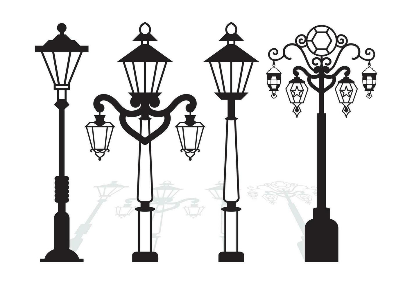 straat lamp vector set. laser besnoeiing retro straat licht pijlers en lantaarn polen