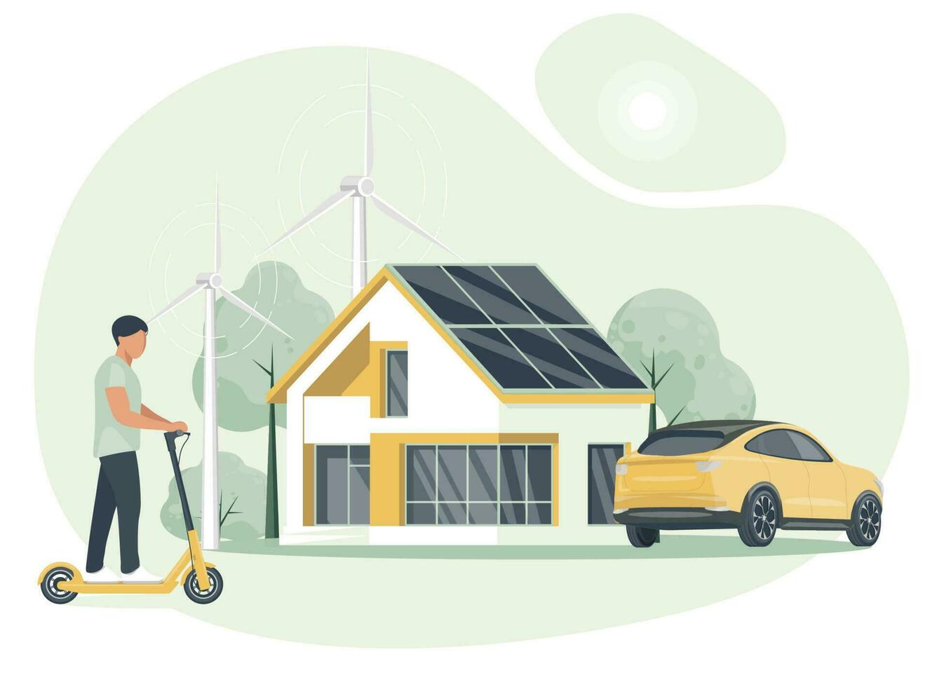 de concept van alternatief elektriciteit. schoon groen energie van hernieuwbaar bronnen concept. modern eco huis met windmolens en zonne- energie panelen, elektrisch auto. vector illustratie.