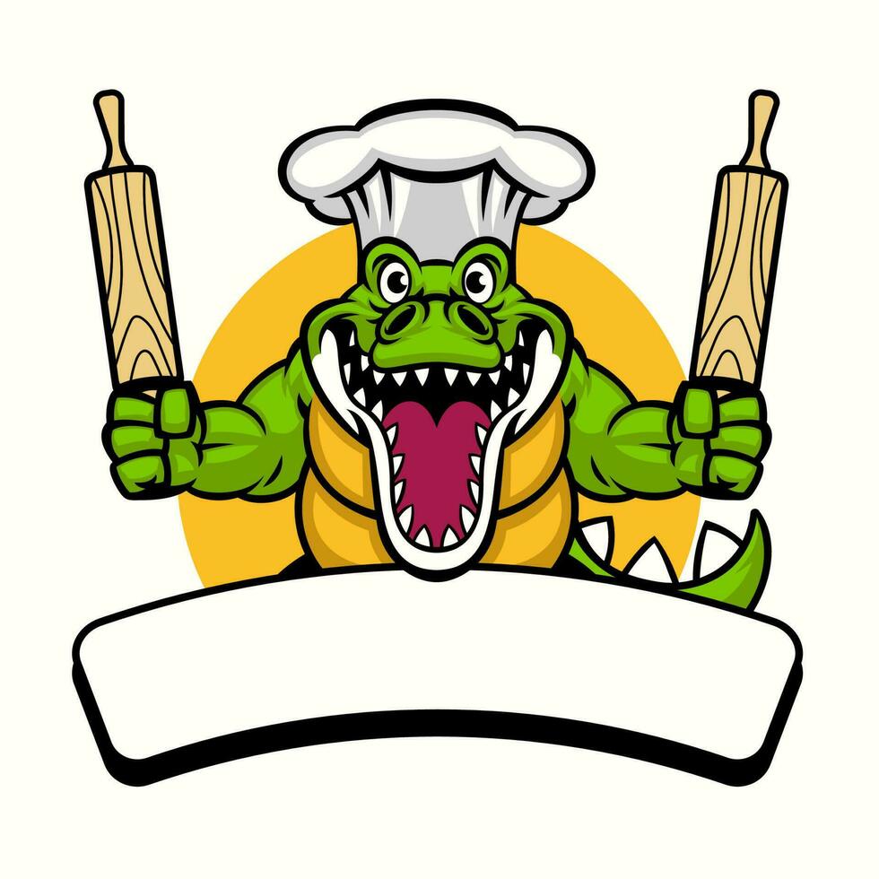 krokodil voedsel Koken mascotte logo houden de rollend pin vector